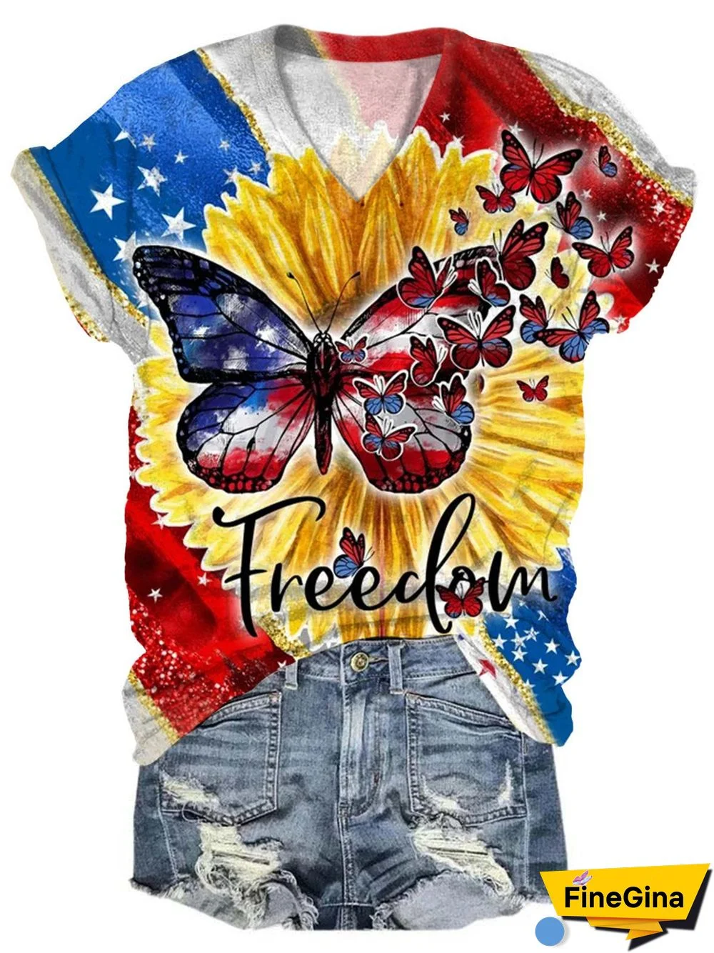 Freedom Sunflower Butterfly Print V Neck T-Shirt