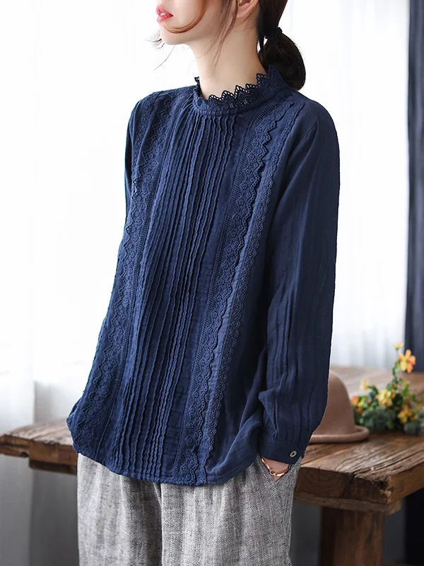 Lace Splicing Irregular Back Buttoned Casual Long Sleeve Shirts