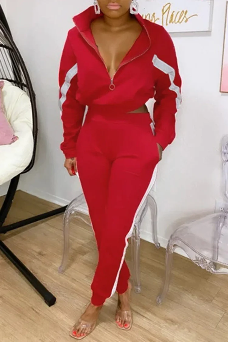Fashion Casual Solid Patchwork Zipper Collar Long Sleeve Two Pieces