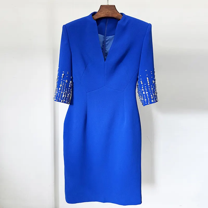 Nigikala Nigikala Fashion Spring And Summer New Heavy Industry Nails And Studded Sleeve V-Neck And Knee Dress Small Dress