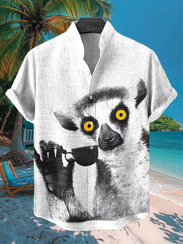 Men's Lemur Drinking Coffee Art Print Casual Shirt