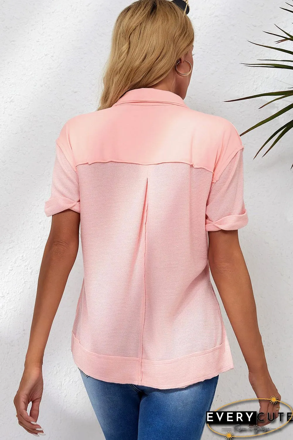 Pink Acid Wash Waffle Knit Short Sleeve Buttoned Shirt