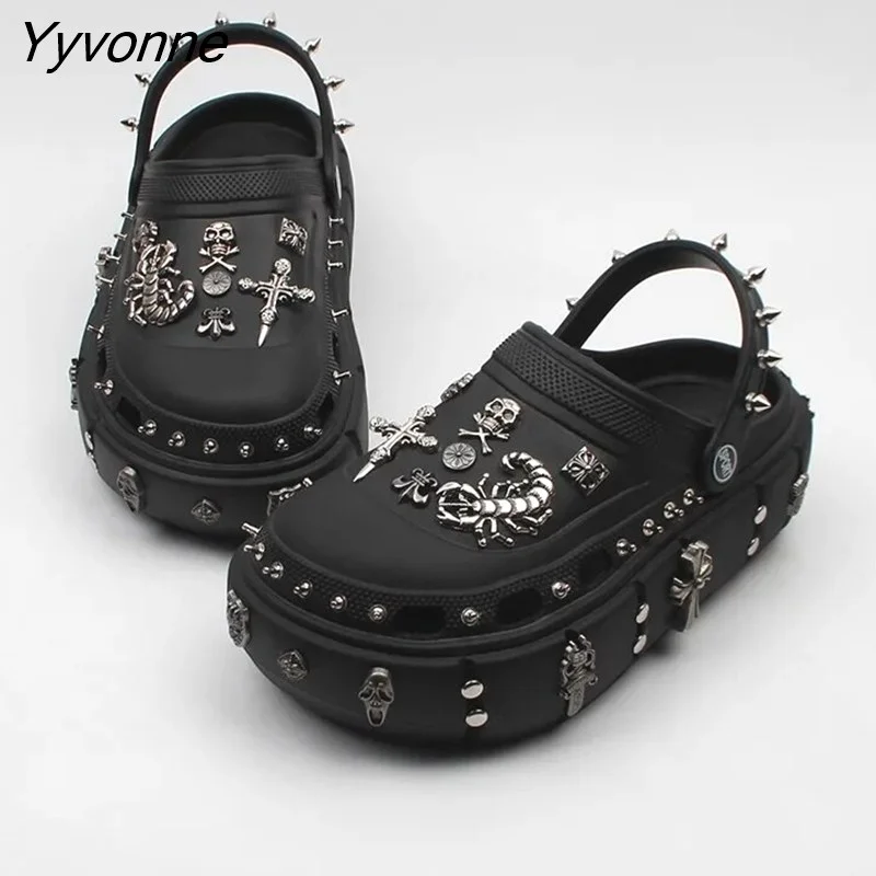 Yyvonne NEW punk metal rivets Sandals Women Slippers Platform Sandals Outdoor Clogs Thick Street Beach Slippers Flip Flops Garden Shoes 521-1