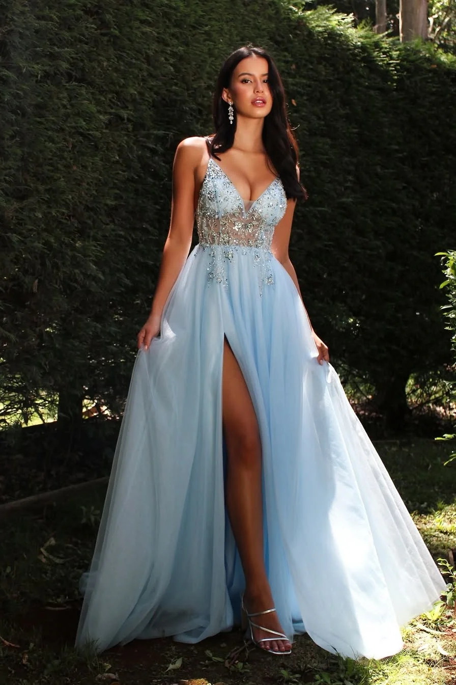 Daisda Sky Blue Sleeveless V-Neck A-Line Split Prom Dress With Beads