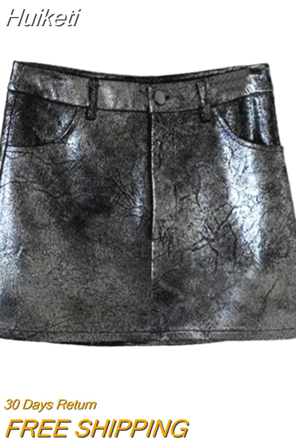 Huiketi Summer Autumn Silver Reflective Shiny Patent Pu Leather Mini Skirt Women High Waist Sexy Y2K Clothes 2000s Streetwear