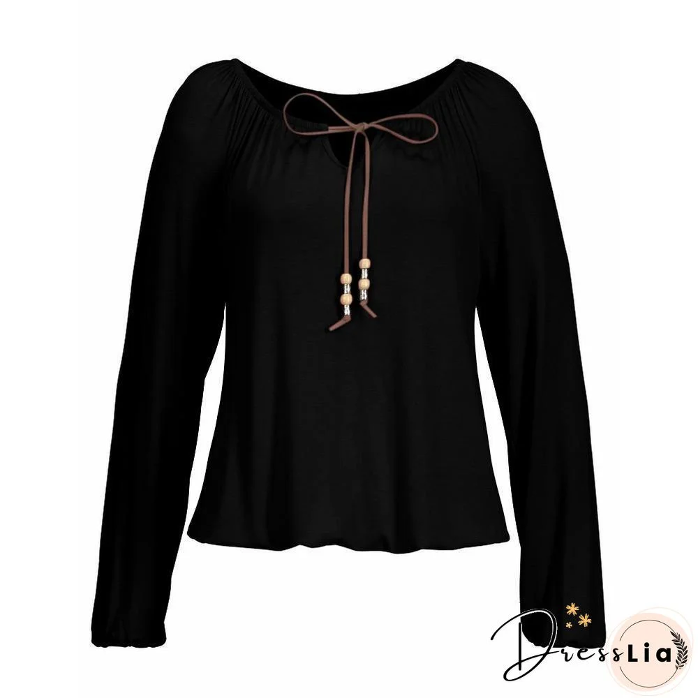 Women Solid Color V Neck Solid Tops Bowknot Long Sleeve Shirt Loose Comfort Blouse