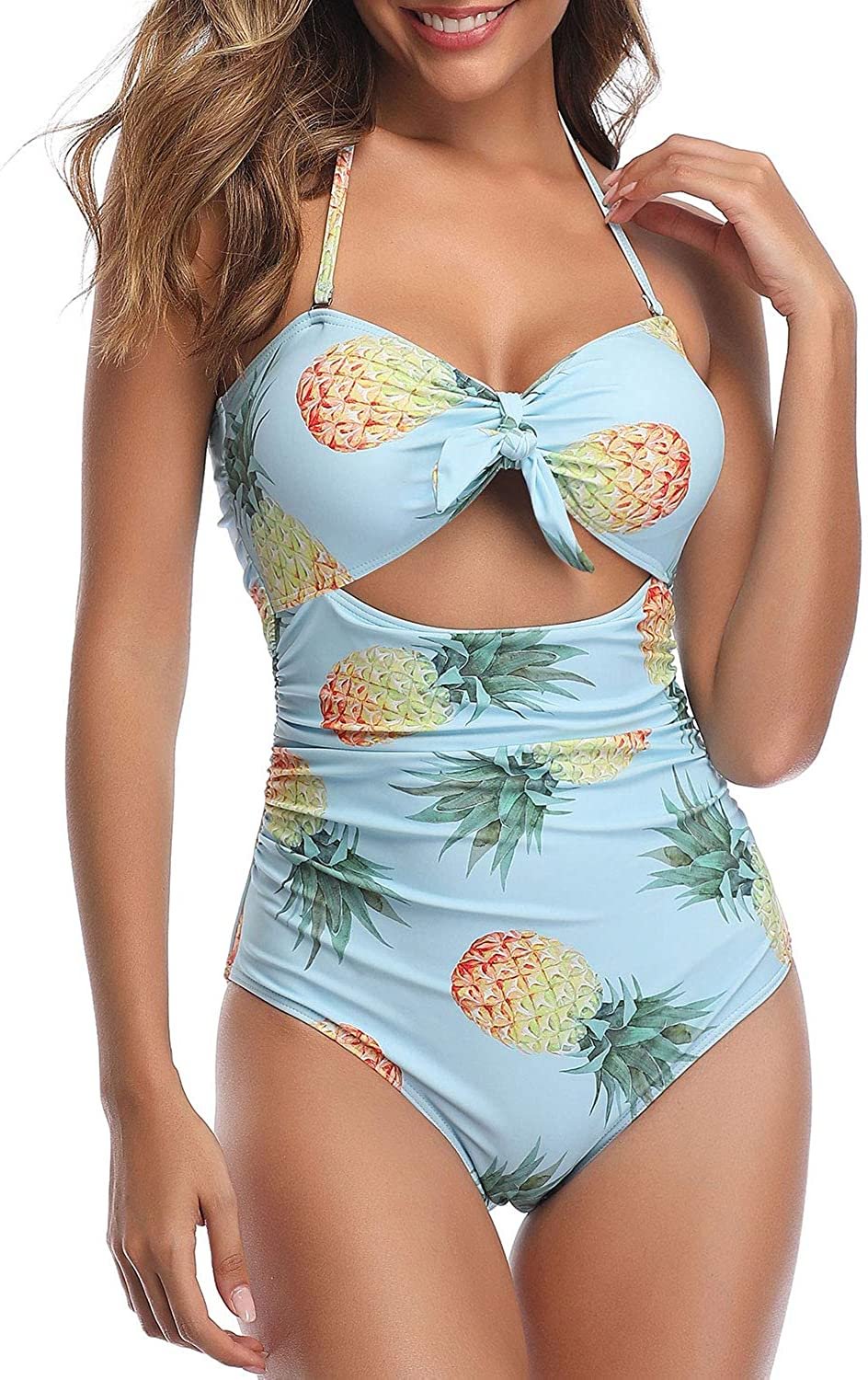 Women Cutout One Piece Swimsuits High Waisted Halter Front Tie Knot Tummy Control Bathing Suit