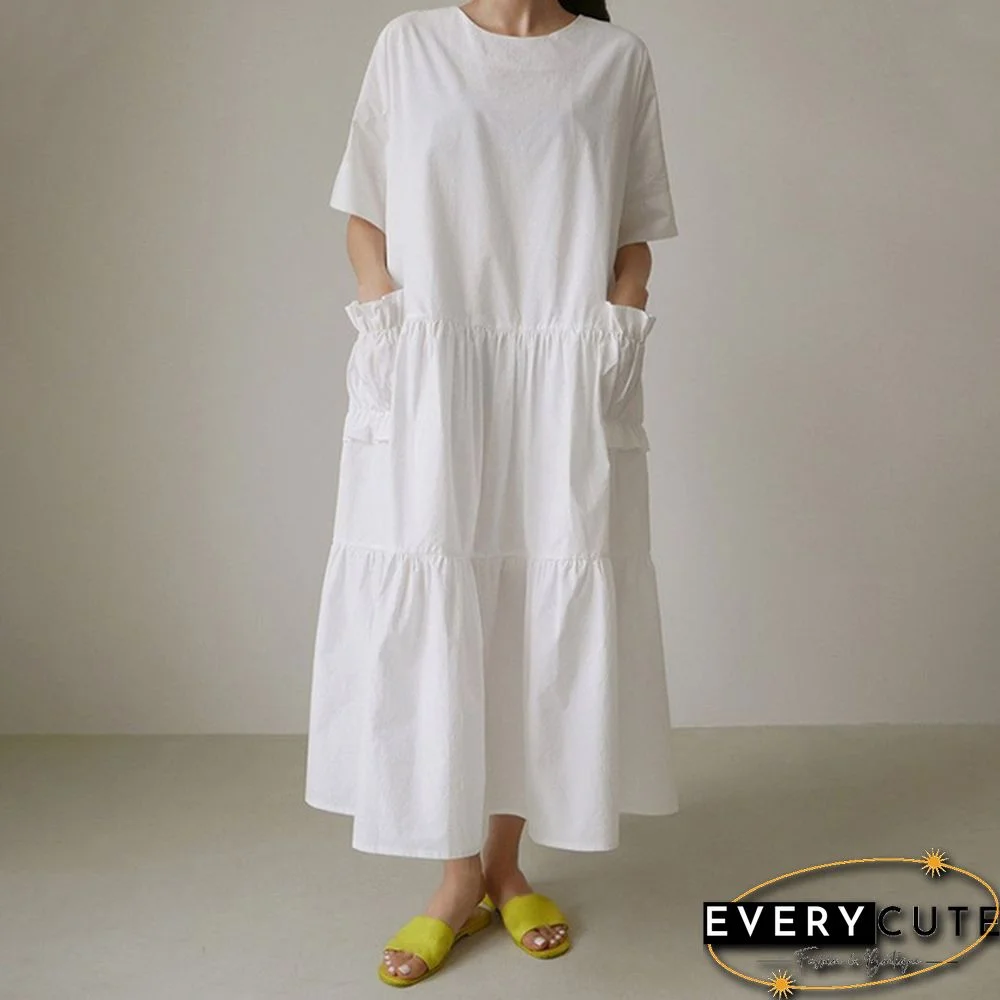 Women Summer Short Sleeved Ruffled Hem Casual Loose Long Dress Solid Color Dresses