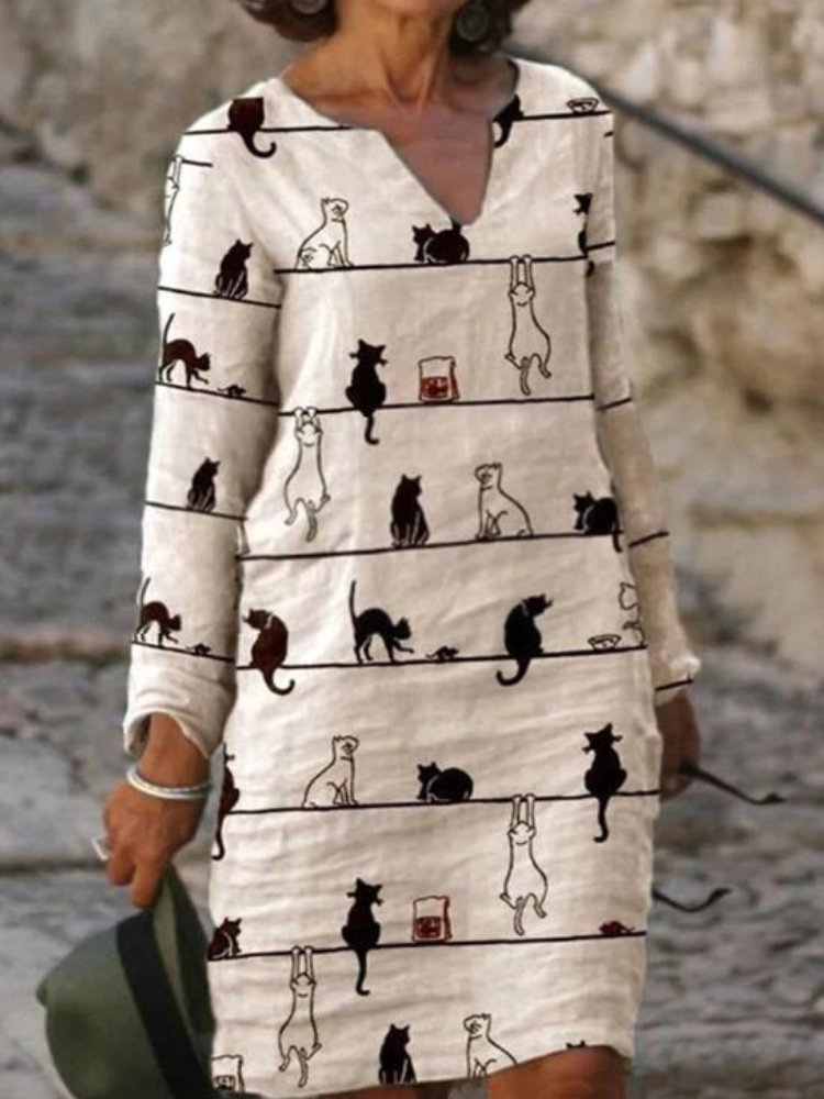 Women's V-Neck Cat Print Long Sleeve Mini Dress