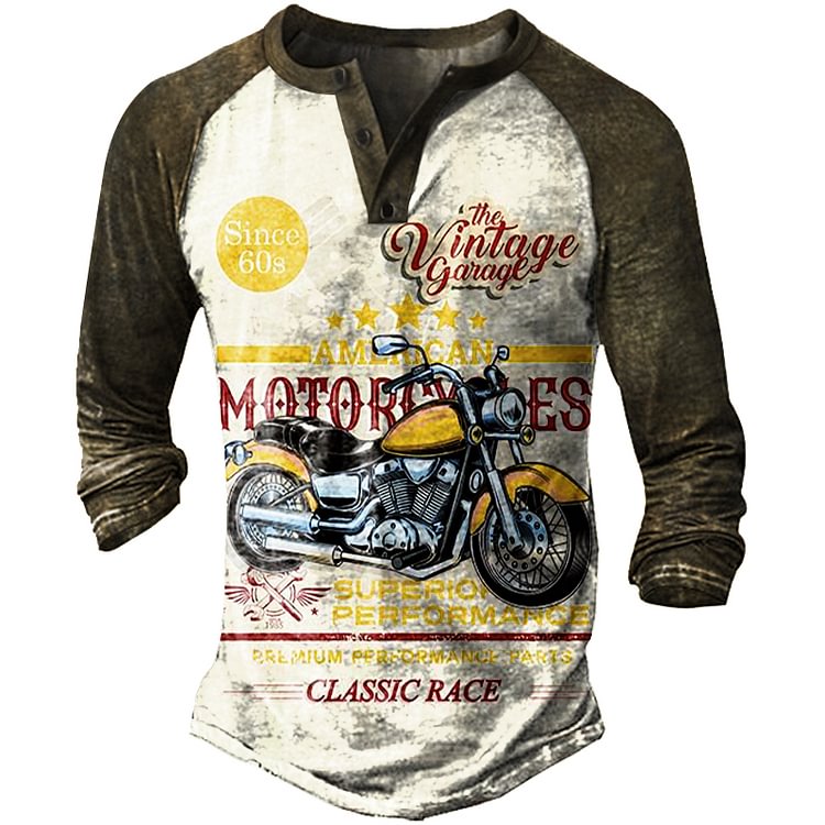 Men's Outdoor Retro Motorcycle Print Tactical Henry Shirt