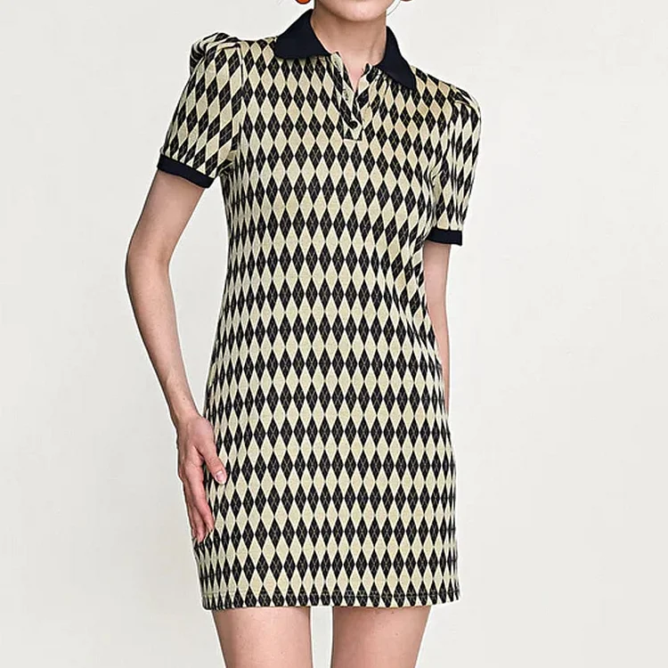 Black Diamond Check Knitted Polo Collar Mini Dress QueenFunky