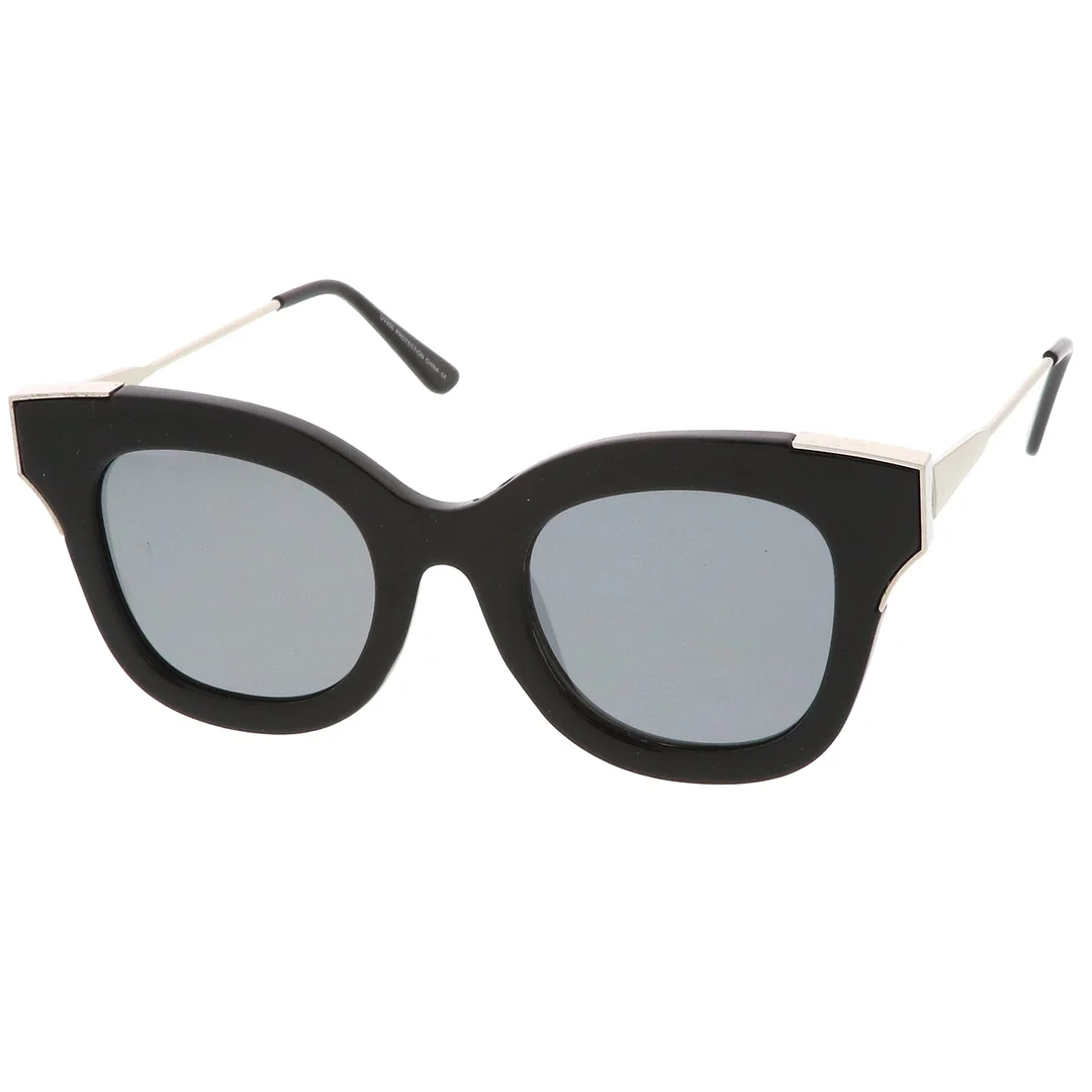 Oversize Slim Temple Metal Square Mirrored Flat Lens Cat Eye glasses 48mm