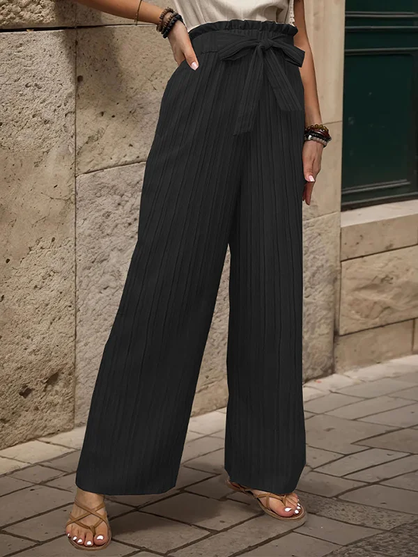 Elasticity Pleated Solid Color Tied Waist High Waisted Loose Trousers Pants