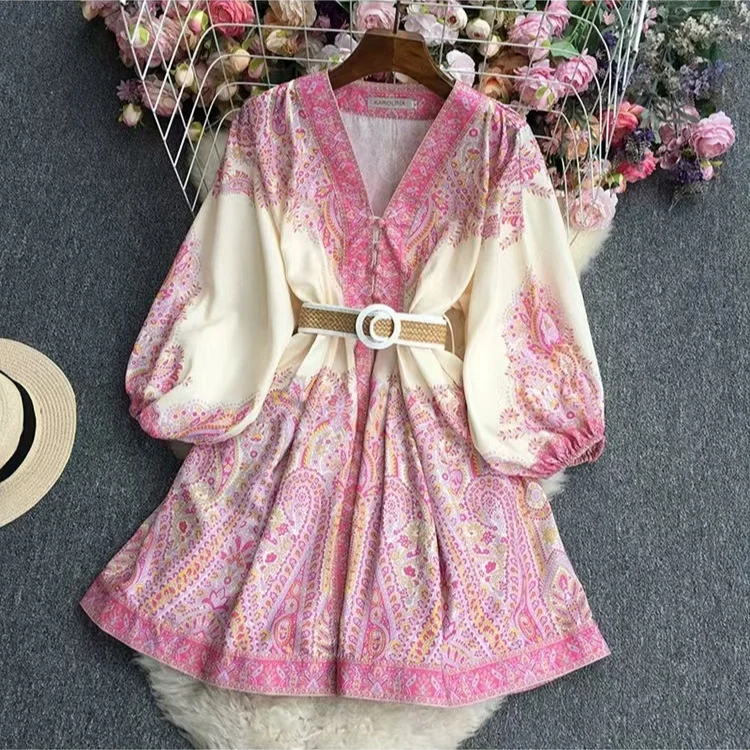 Nigikala Nigikala And Summer New French Retro Holiday Style V Neck Lantern Sleeves To Collect Long Print Small Dress