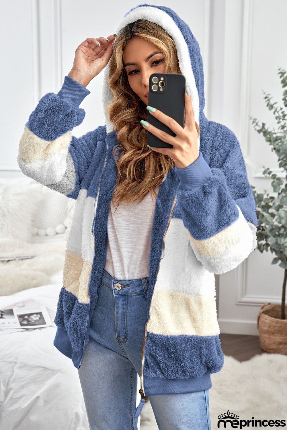 Colorblock Zip Up Sherpa Coat with Hooded