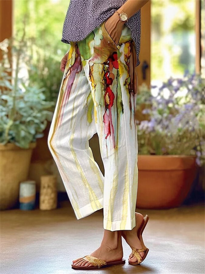 Women's New Cotton and Linen Printed Rolled Hem Casual Pants Printed Nine Minute Pants