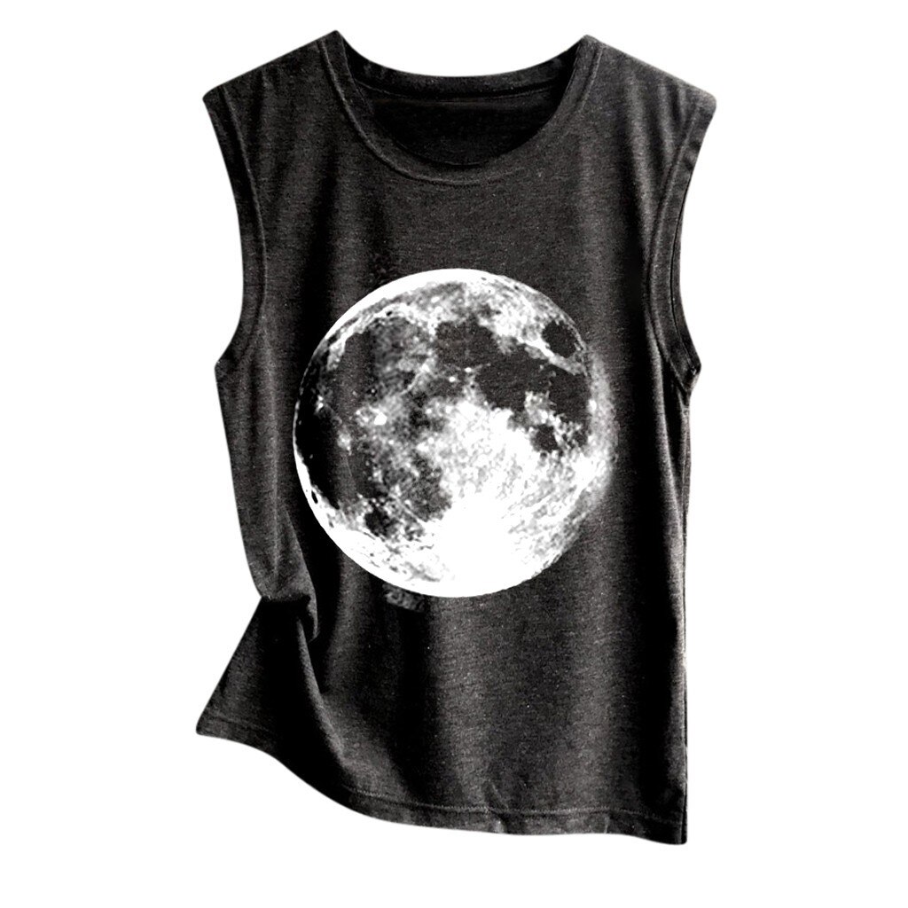 Women The Moon Print Vest Casual Loose Cotton Tank