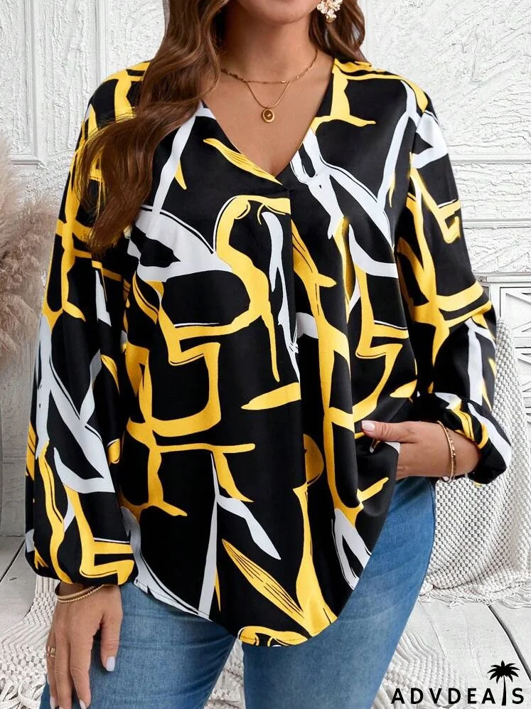 Plus Size Women's Asymmetrical Line Print V-Neck Lantern Sleeve Loose Casual Long Sleeve Blouse, Fall Clothes