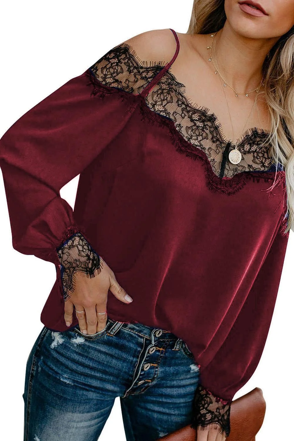 Wine Red Lace Cold Shoulder Blouse