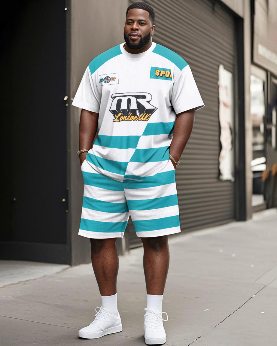 Men's Plus Size Baseball Stripe Print Short Sleeve T-Shirt Shorts Suit