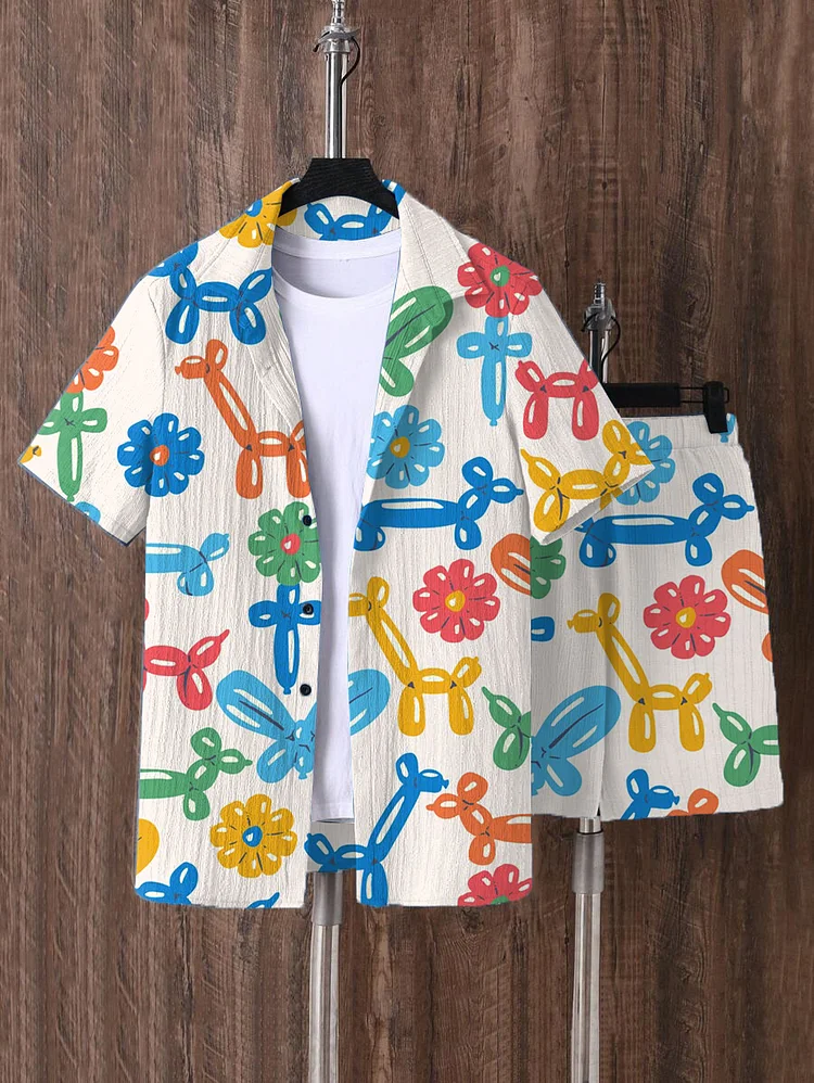 Men's Dog Floral Balloon Pattern Short Sleeve Shirt Set