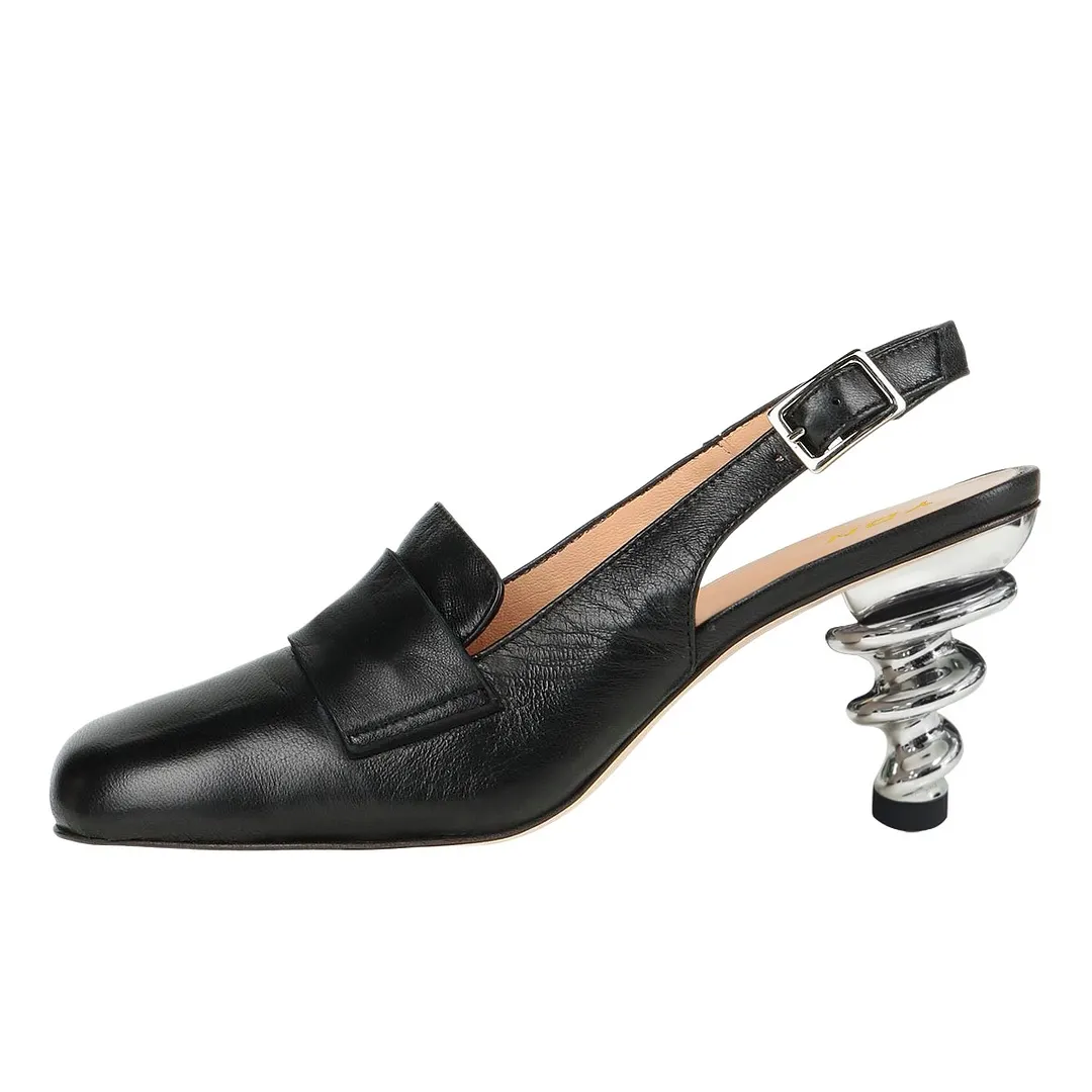 Elegant Square Toe Loafer Slingback Pumps Women's Black Heels