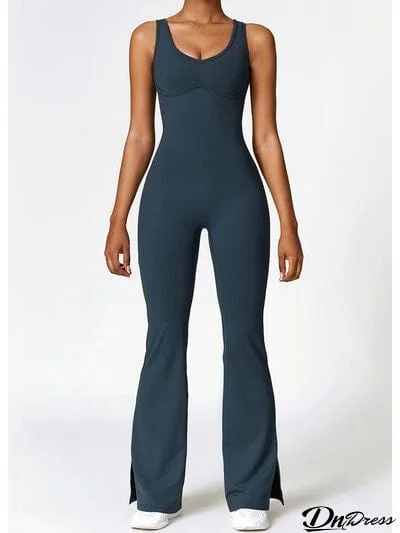 Wide Strap Bootcut Slit Active Jumpsuit