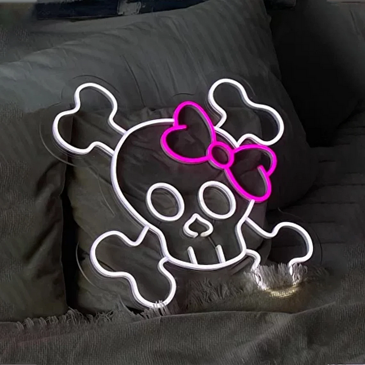Pink Bowknot Skull Neon Signs Custom Anime Skull LED Neon Light Skeleton Neon Light for Game Room Mancave Bar Club Room Decor Party Neon