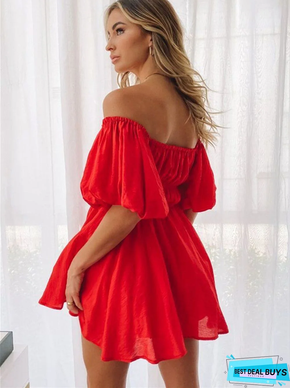 Sexy One-neck Off-the-shoulder Bubble Sleeve Elastic Waist Clear Big Swing Dress