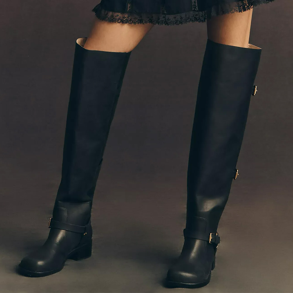 Black Round Toe Buckle and Hardware Straps Over The Knee Boots Nicepairs