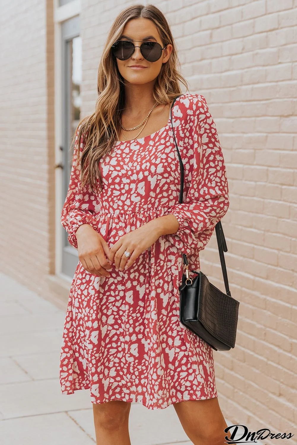 Animal Print Square Neck Balloon Sleeve Dress