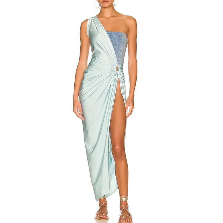 Morisly Pearl Shoulder Strap Cutout Shiny Texture One Piece Swimsuit and Dress