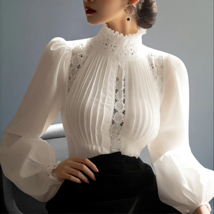 Elegant Mock Neck Puff Sleeve Pleated Lace Blouse