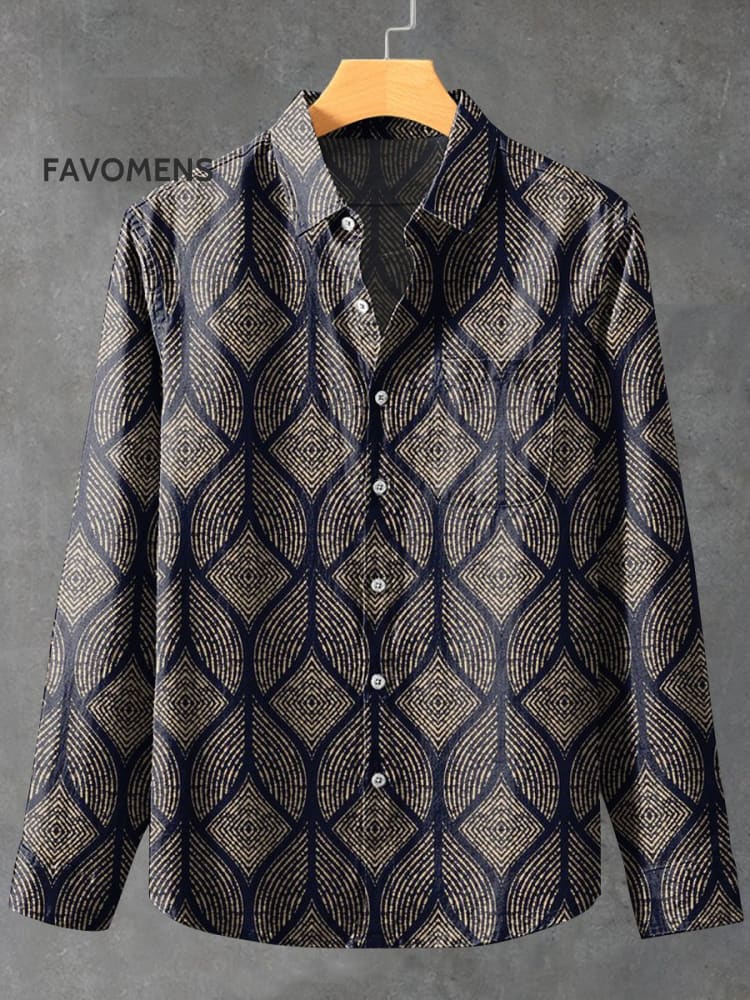 Geometric Patterns Vintage Stripe Print 100% Cotton Long Sleeve Shirt Multicolor / S