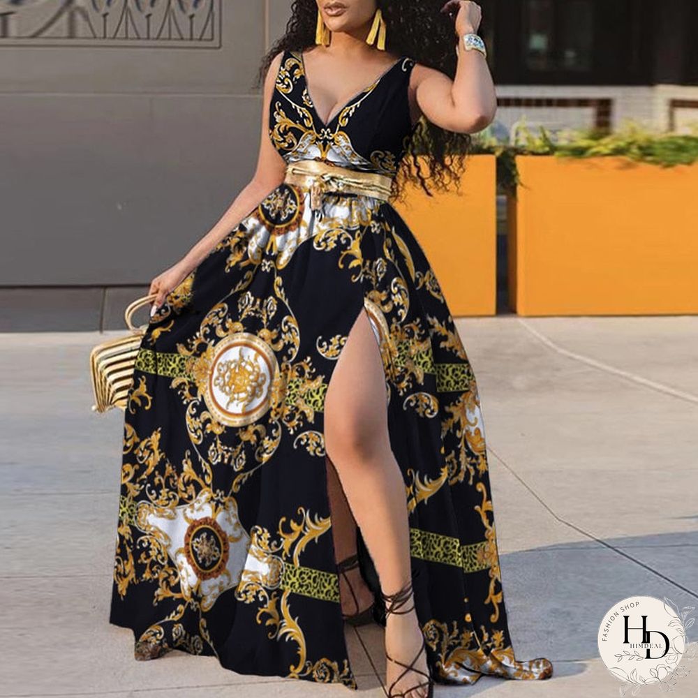 Women Sleeveless V Neck Bohemian Floral Print Beach Dress Sexy High Split Hem Robe Bohemian Vestido Party Beach Dress