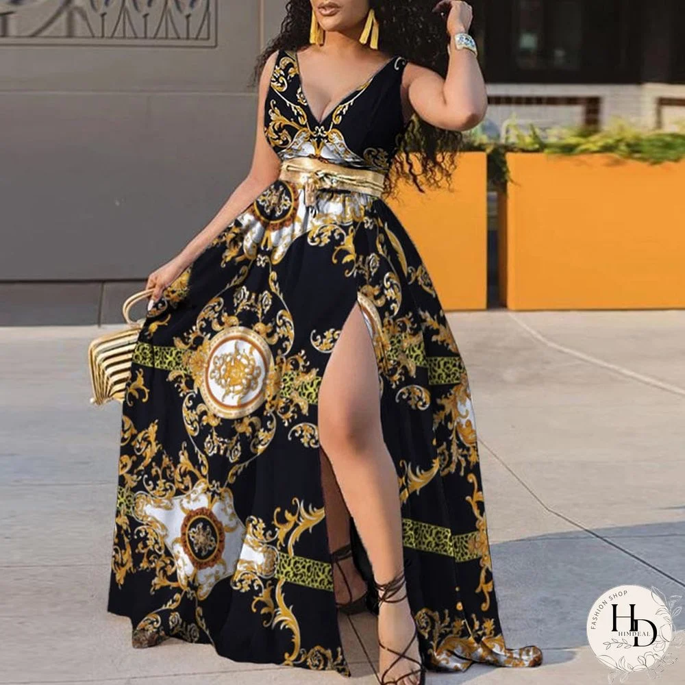 Women Sleeveless V Neck Bohemian Floral Print Beach Dress Sexy High Split Hem Robe Bohemian Vestido Party Beach Dress