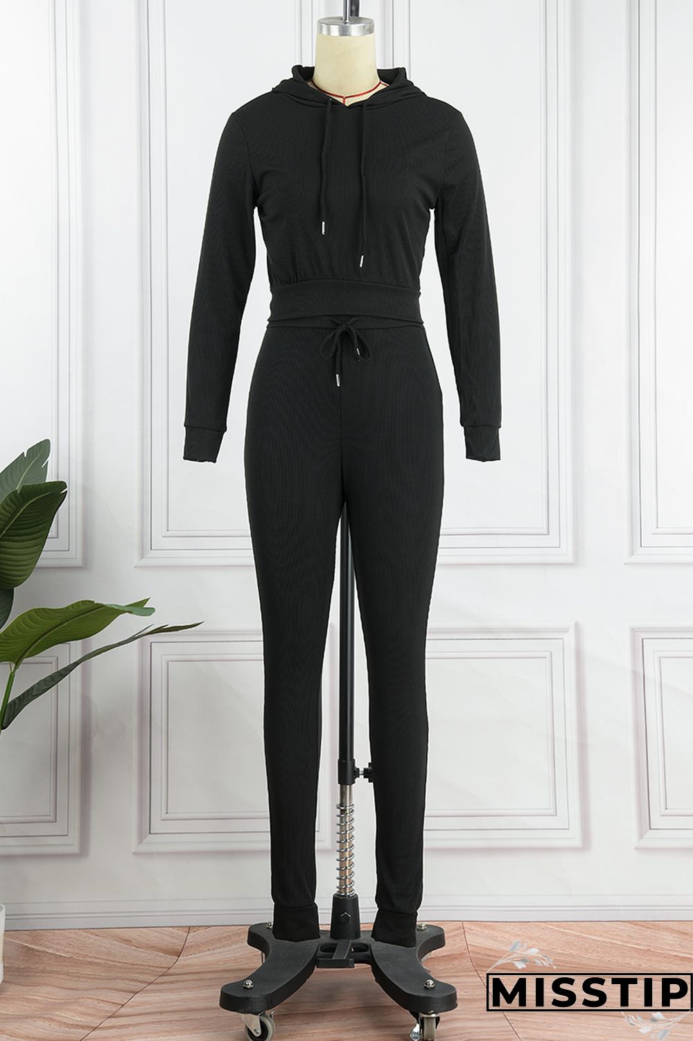 Black Casual Solid Basic Hooded Collar Long Sleeve Two Pieces