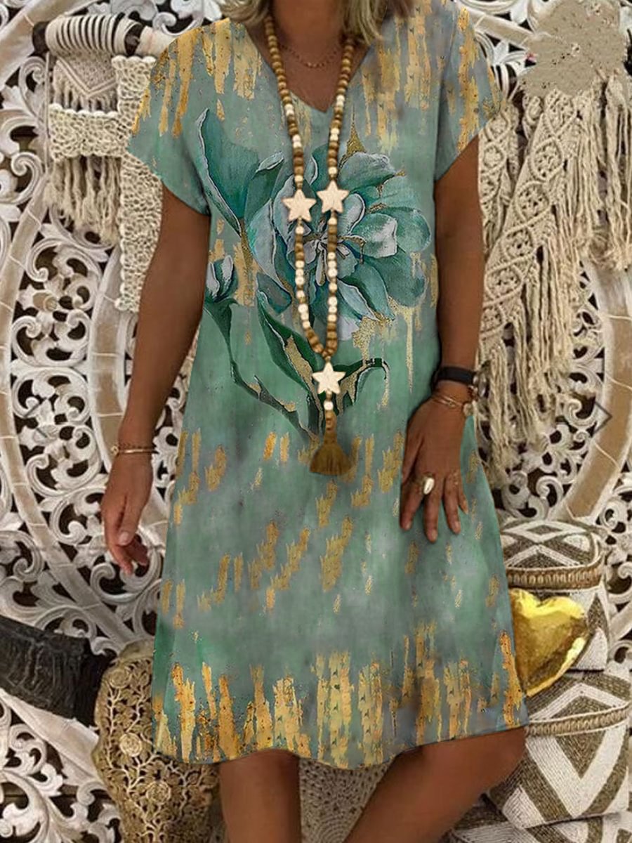 V-neck Floral Print Loose Casual Short-sleeved Short Dress