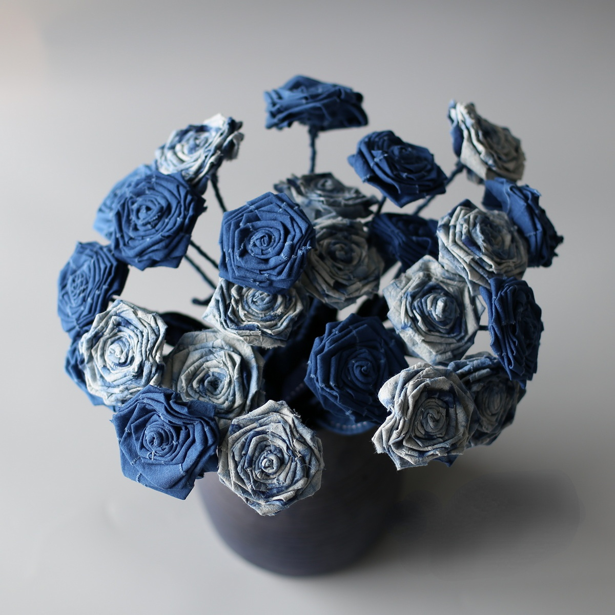 Handmade Blue Dye Cloth Art Rose Plant Home Decor Flower Arrangement