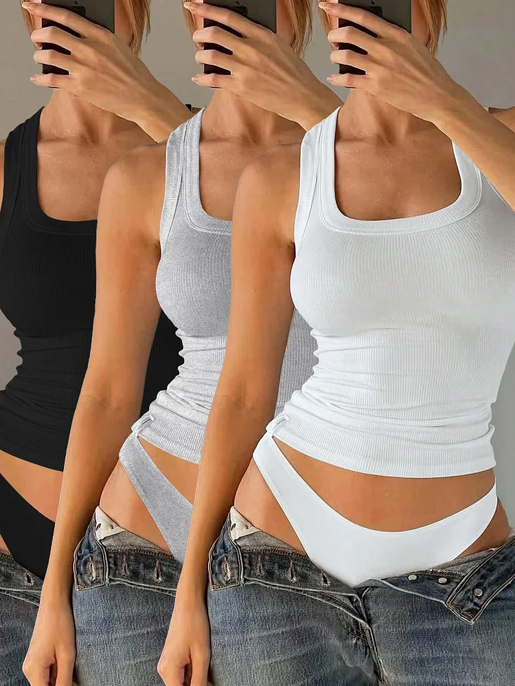 3pcs Women's Summer Tank Tops - Slim Fit Sleeveless Solid Color Tops With Moderate Stretch, Machine Washable, Black/Grey/White For Casual & Resort Wear, Ladies Tank To