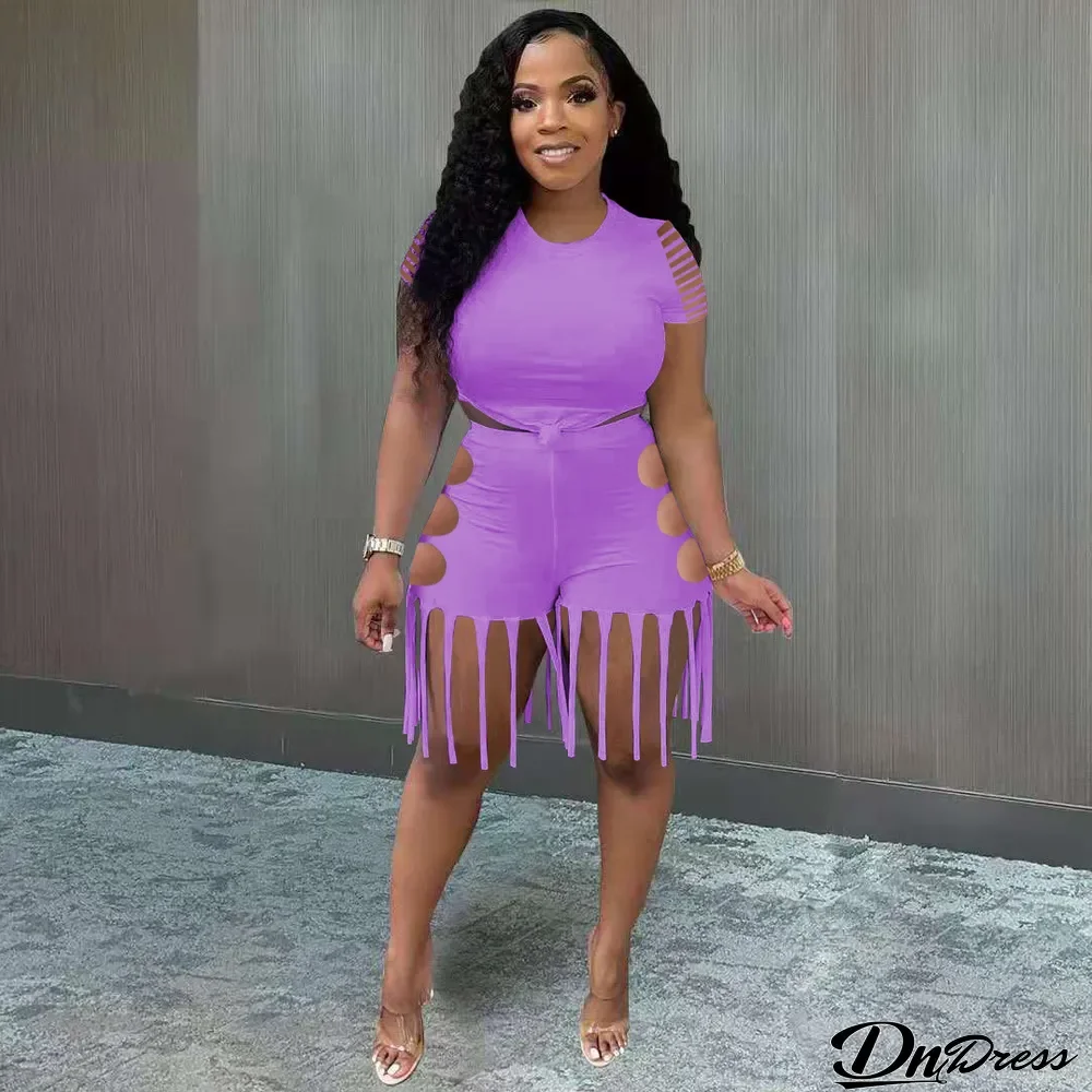 Solid Short Sleeve Hole Tassel Two Piece Shorts Set