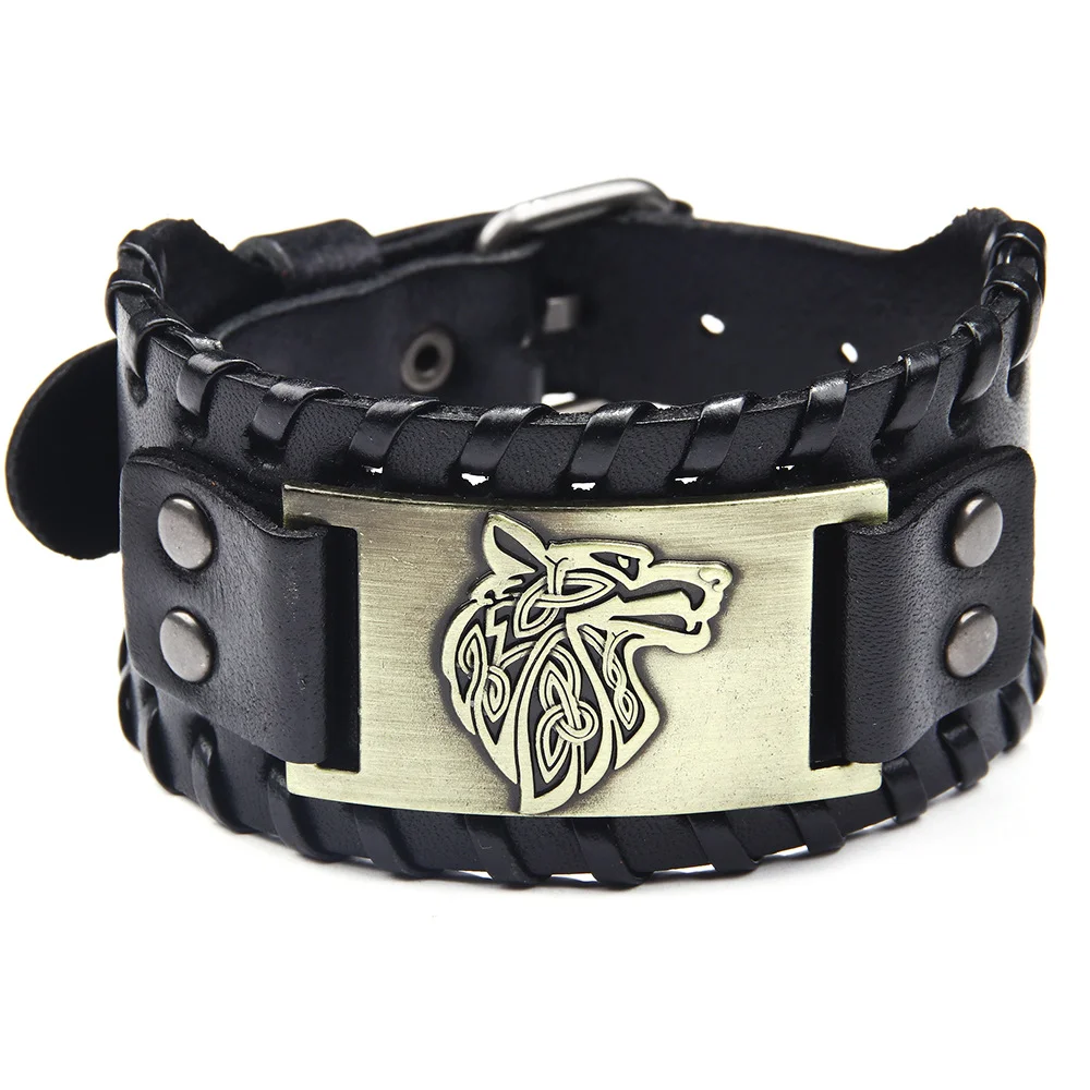 New Braided Bracelet Alloy Wolf Head Accessories Wide Leather Bracelet
