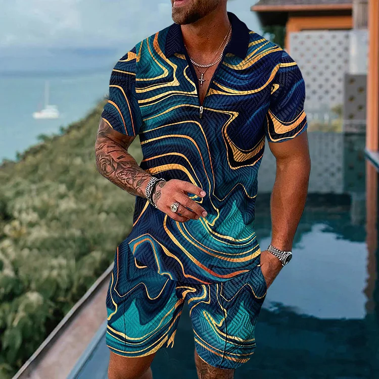 Men's fashion casual color printed polo suit