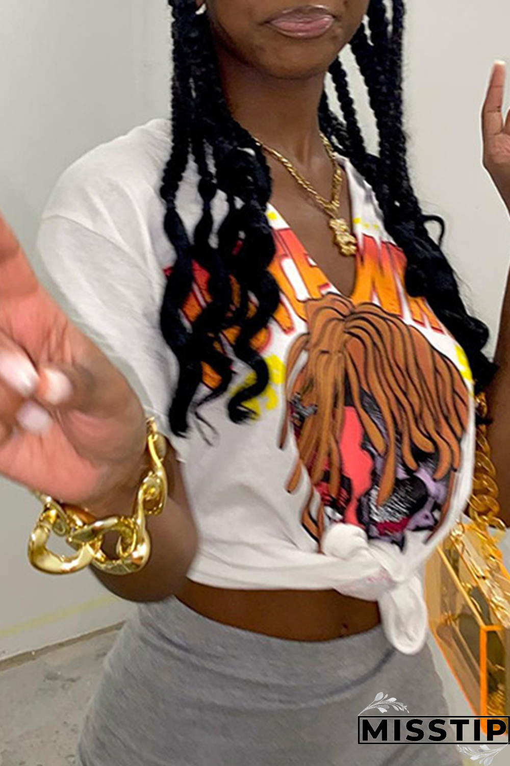 White Fashion Print Patchwork V Neck T-Shirts