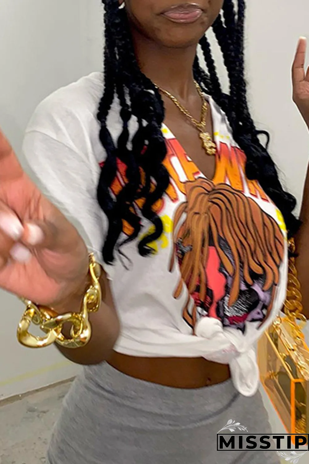 White Fashion Print Patchwork V Neck T-Shirts