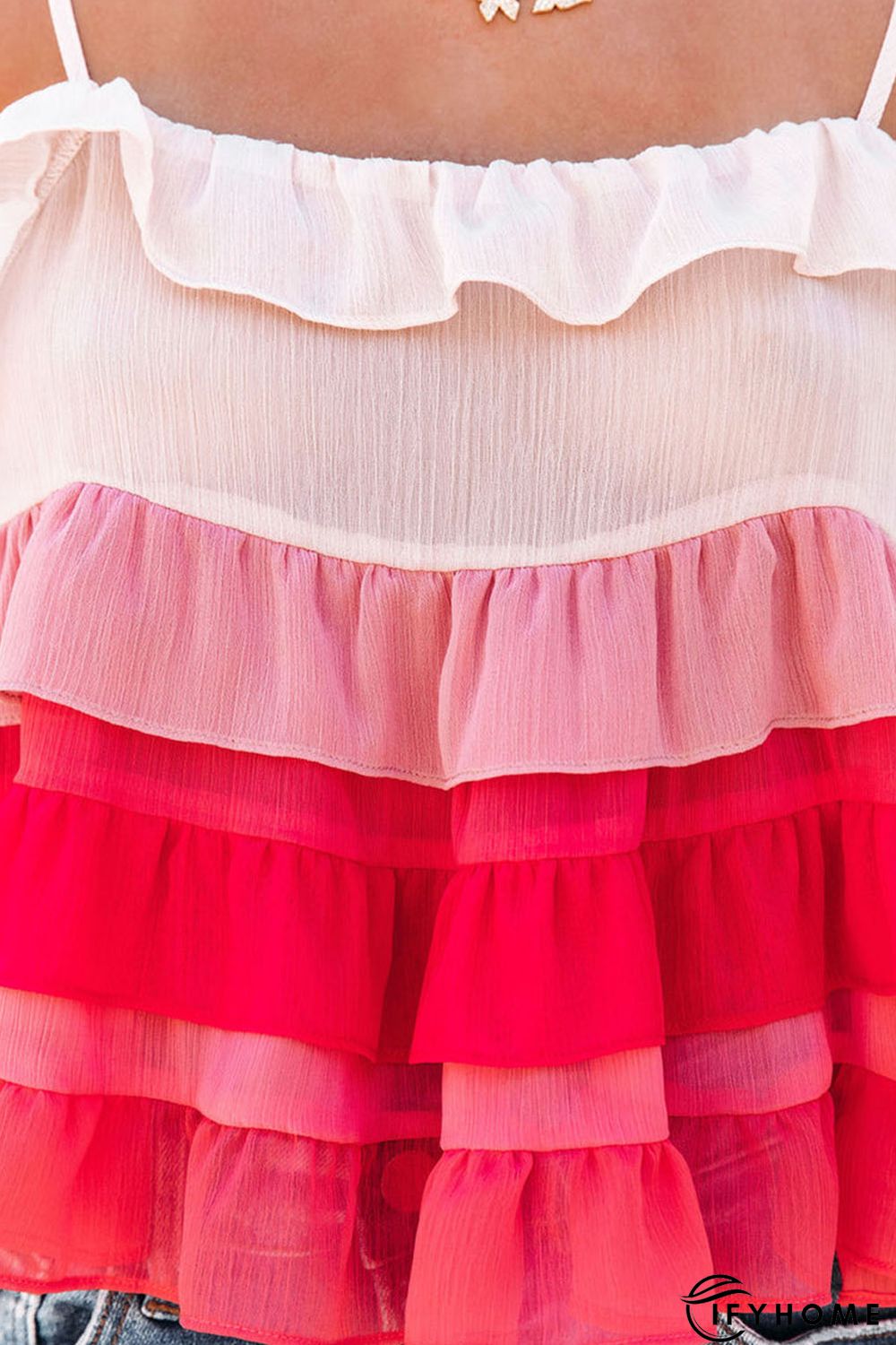 Red Gradient Ruffle Tiered Spaghetti Straps Tank Top | IFYHOME