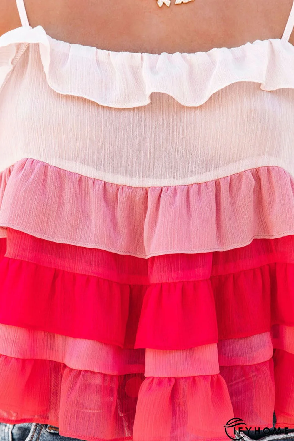 Red Gradient Ruffle Tiered Spaghetti Straps Tank Top | IFYHOME