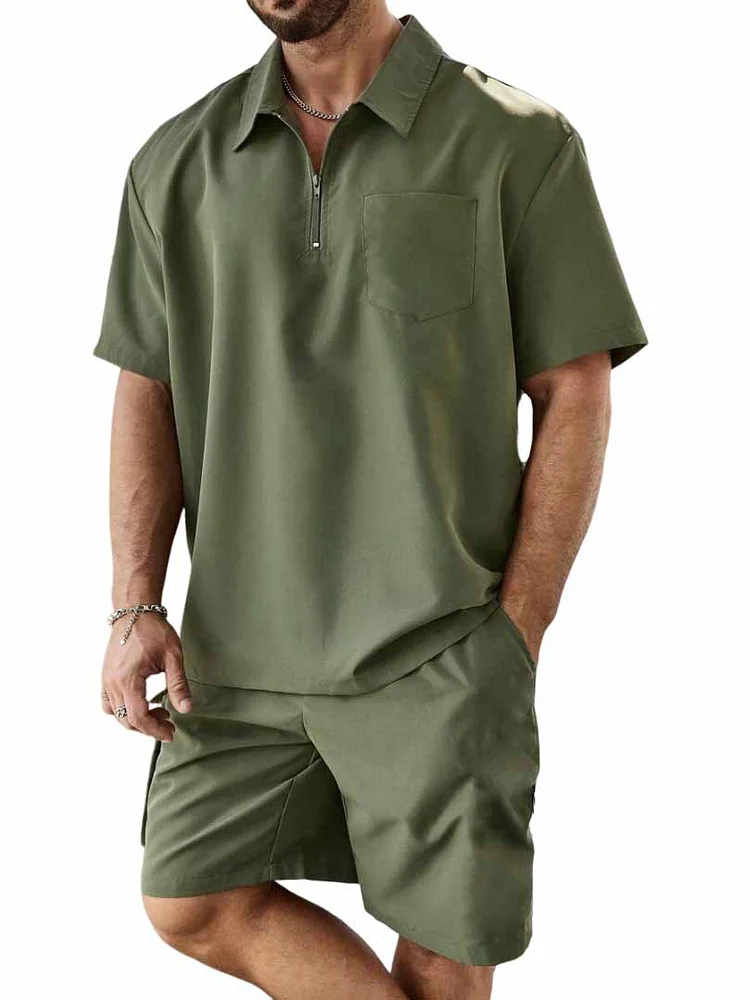 Men's Zipper Pocket Polo Shirt Shorts Two Piece Set