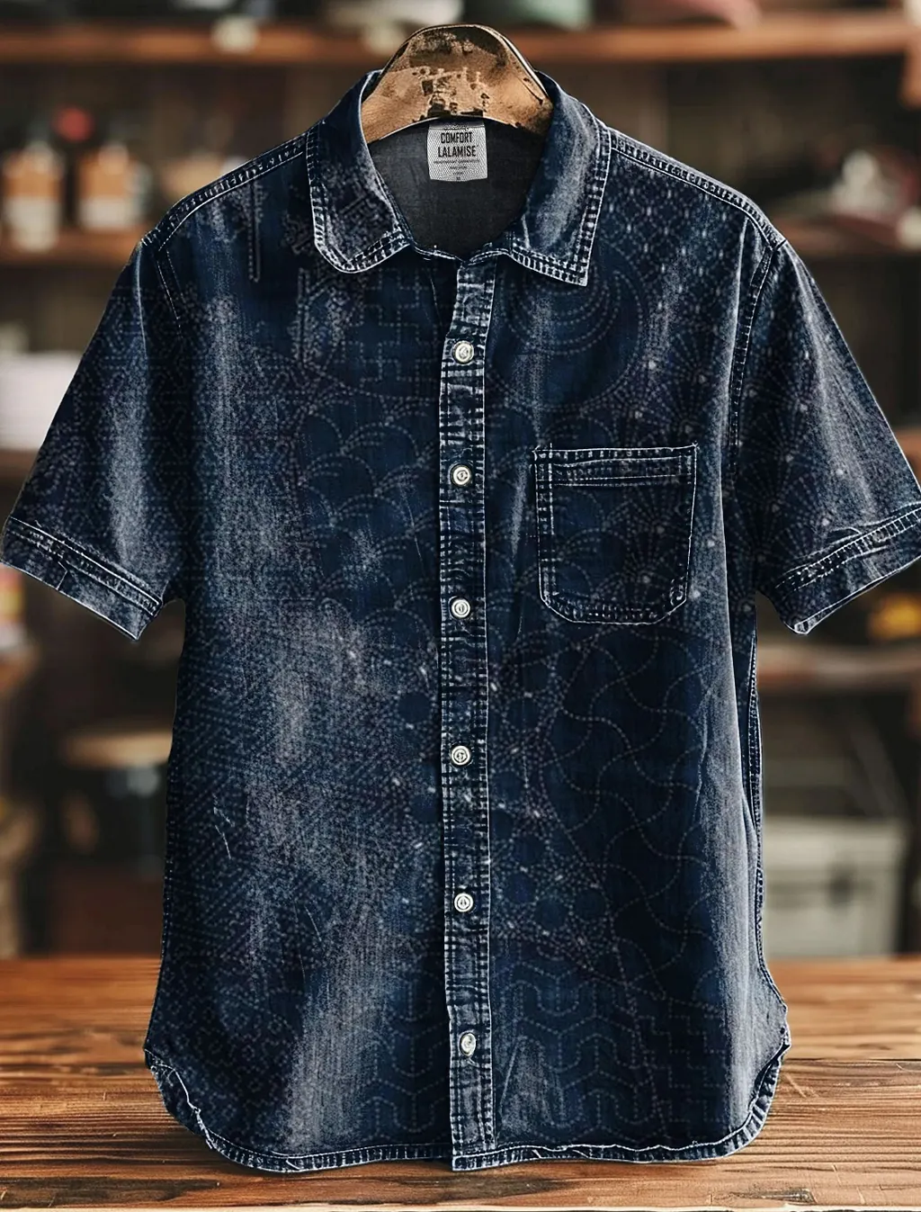 Japanese Traditional Sashiko Art Vintage Print Casual 100% Cotton Shirt