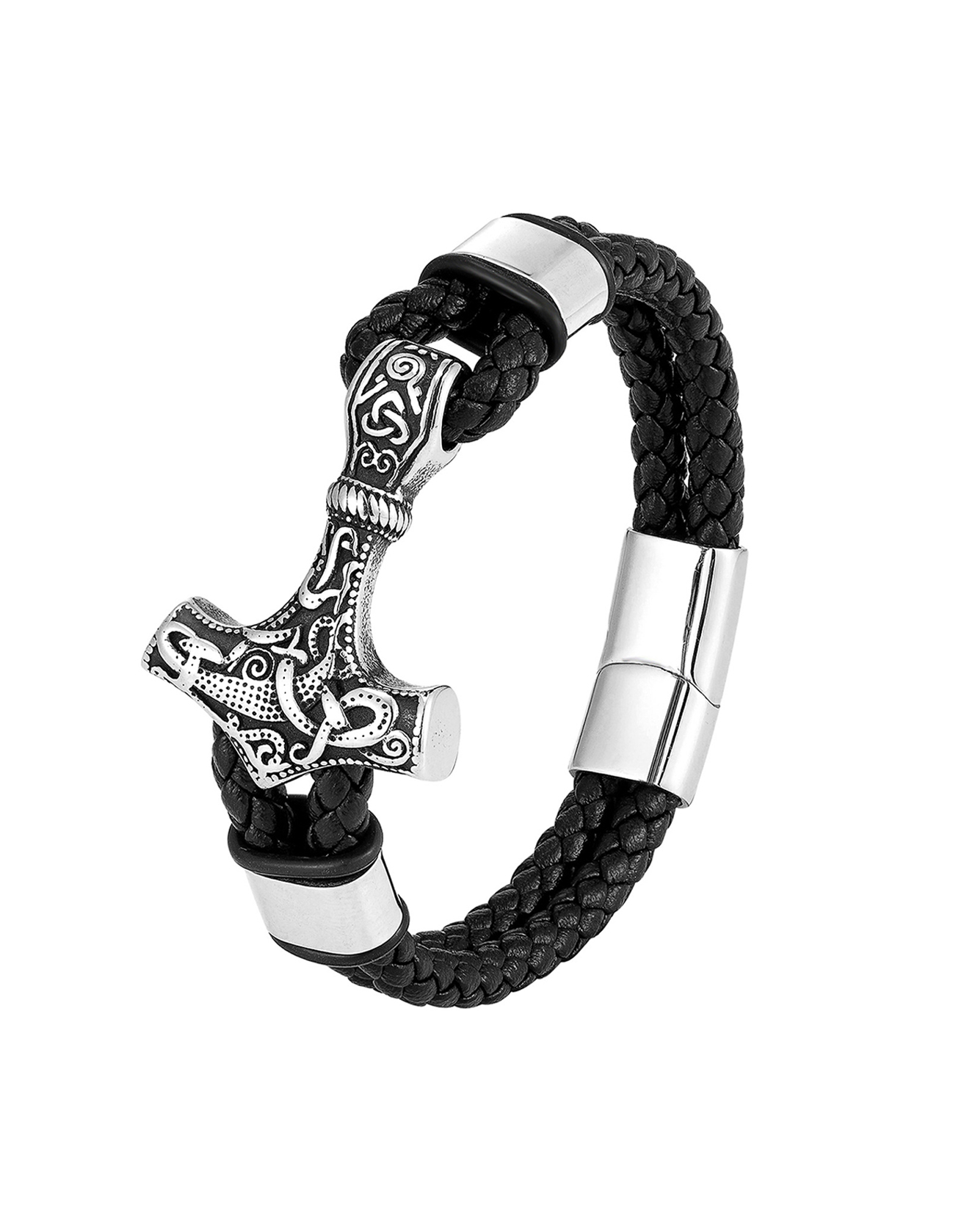 Viking Stainless Steel Leather Mjolnir Woven Bracelet / TECHWEAR CLUB / Techwear
